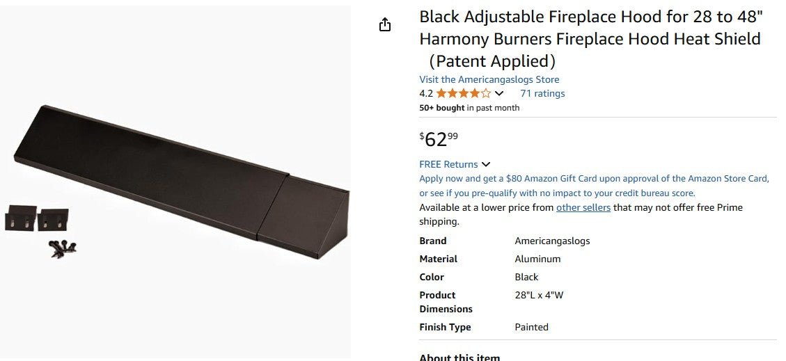 Black Adjustable Fireplace Hood for 28 to 48" Harmony Burners Fireplace Hood Heat Shield