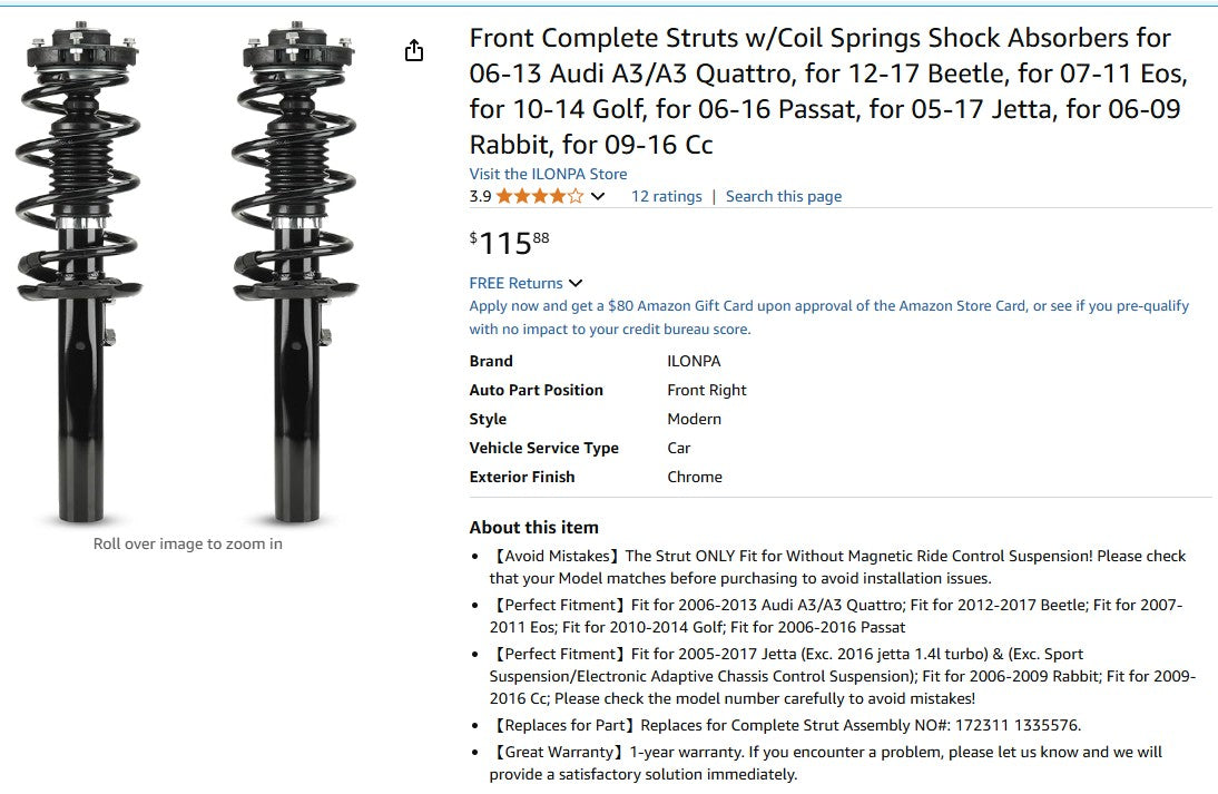 Front Complete Struts w/Coil Springs Shock Absorbers for 06-13 Audi A3/A3 Quattro