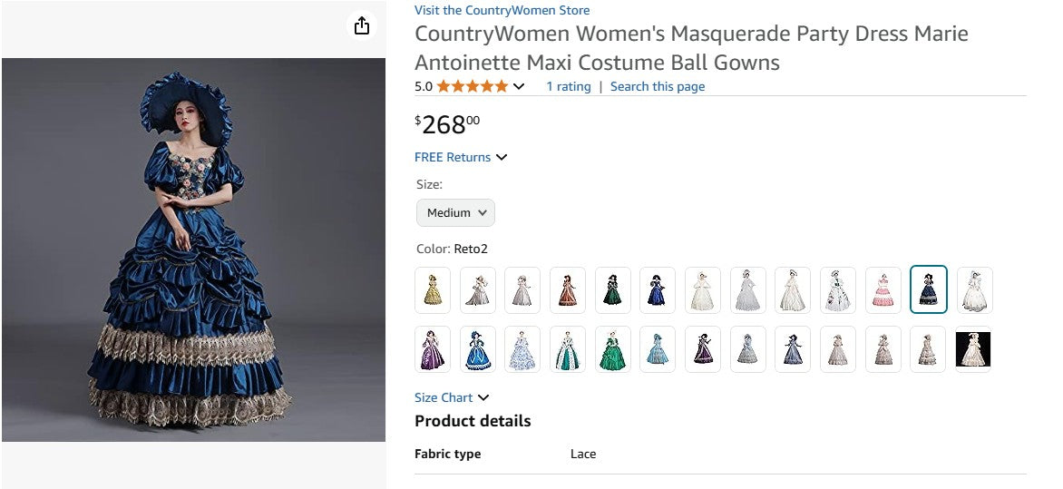 CountryWomen Women's Masquerade Party Dress Marie Antoinette Maxi Costume Ball Gowns - Medium