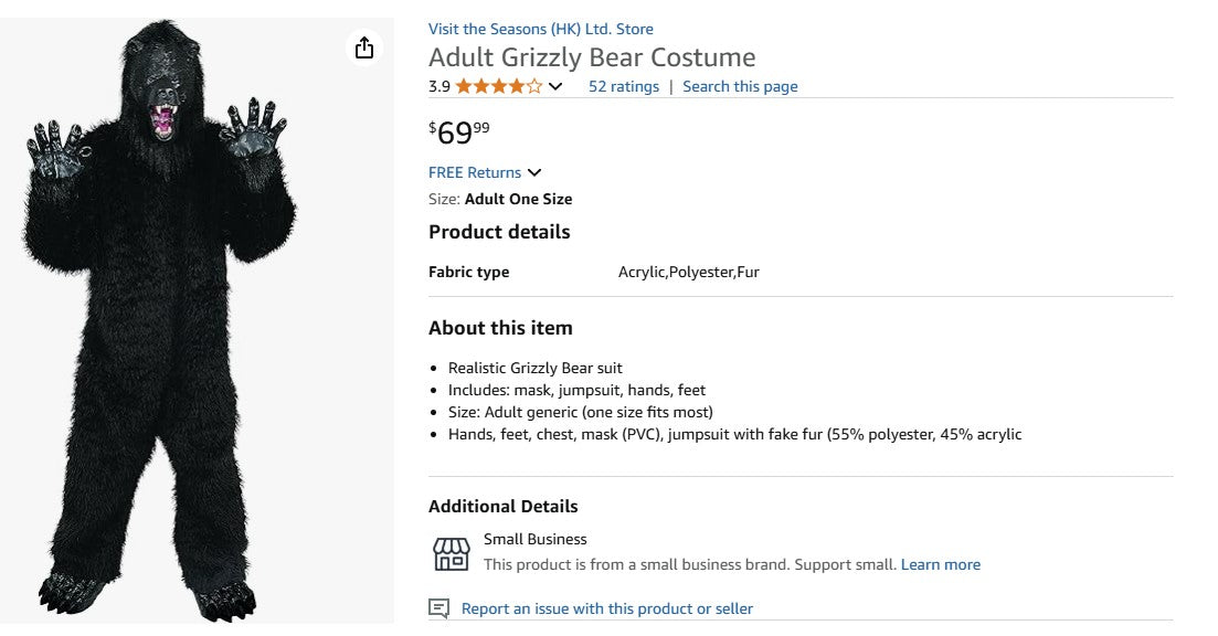 Adult Grizzly Bear Costume - No Feet Included