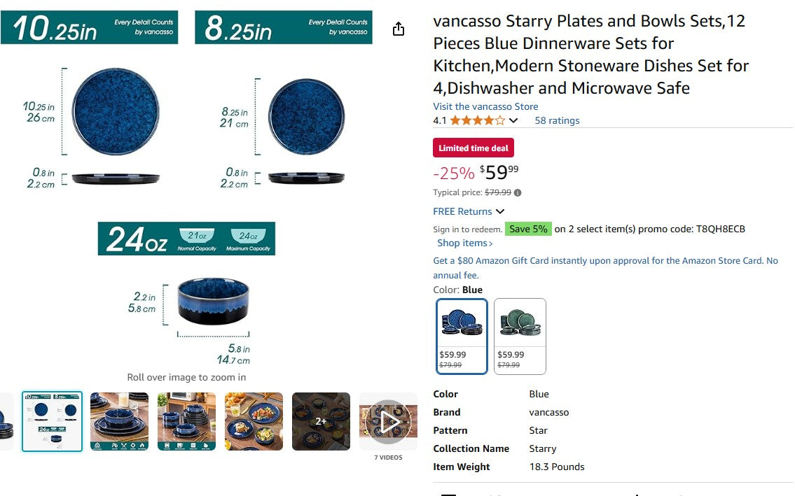 vancasso Starry Plates and Bowls Sets,12 Pieces Blue Dinnerware Sets for Kitchen