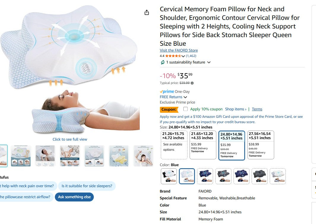 Cervical Memory Foam Pillow for Neck and Shoulder, Ergonomic Contour Cervical Pillow