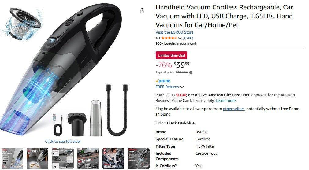 Handheld Vacuum Cordless Rechargeable, Car Vacuum with LED, USB Charge