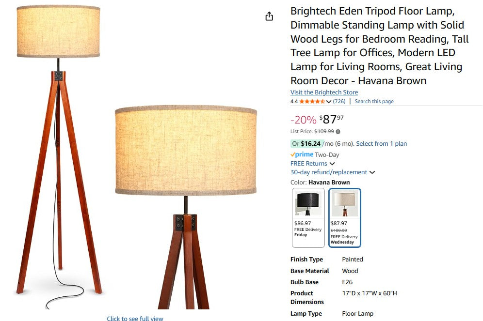 Brightech Eden Tripod Floor Lamp, Dimmable Standing Lamp with Solid Wood Legs