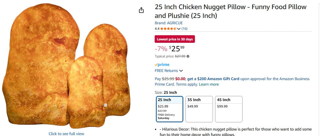 25 Inch Chicken Nugget Pillow - Funny Food Pillow and Plushie (25 Inch)