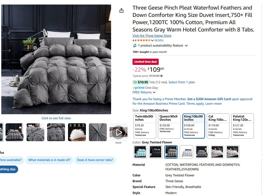 Three Geese Pinch Pleat Waterfowl Feathers and Down Comforter King Size Duvet Insert