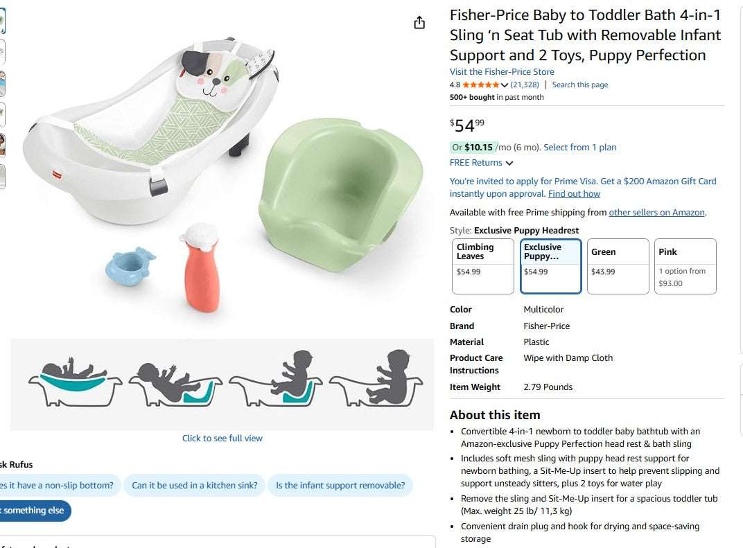 Fisher-Price Baby to Toddler Bath 4-in-1 Sling ‘n Seat Tub with Removable Infant Support and 2 Toys
