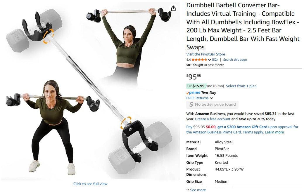 Dumbbell Barbell Converter Bar- Includes Virtual Training - Compatible With All Dumbbells