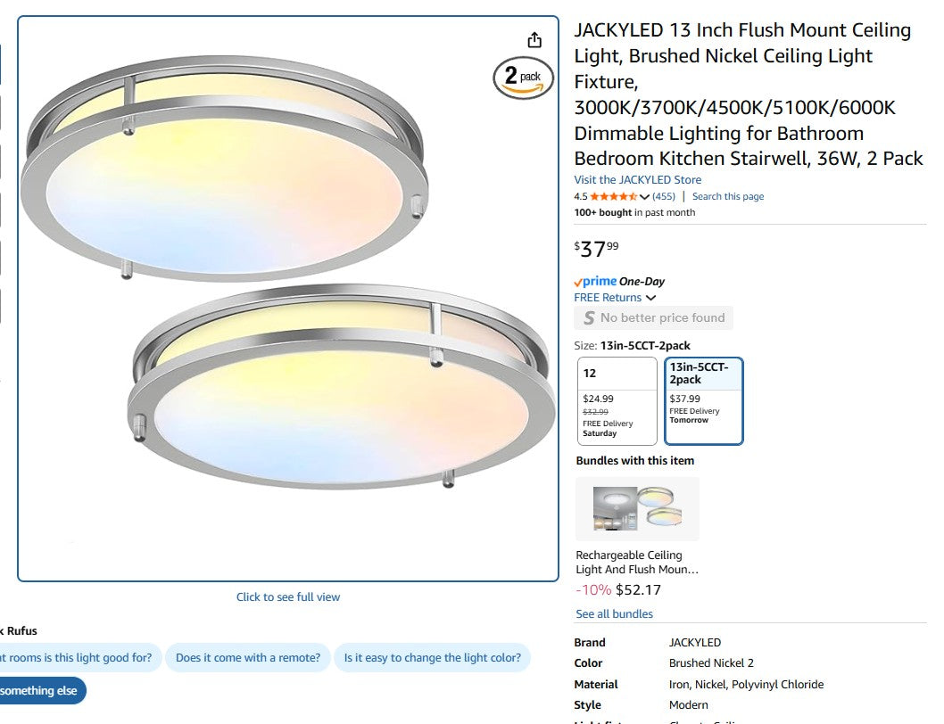 JACKYLED 13 Inch Flush Mount Ceiling Light, Brushed Nickel, 3000K/3700K/4500K/5100K/6000K Dimmable