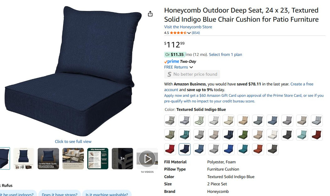 Honeycomb Outdoor Deep Seat, 24 x 23, Textured Solid Indigo Blue
