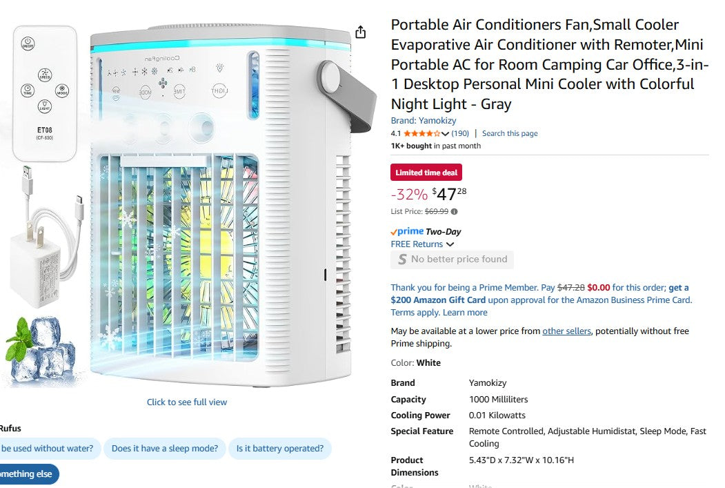 Portable Air Conditioners Fan, Small Cooler Evaporative Air Conditioner with Remote