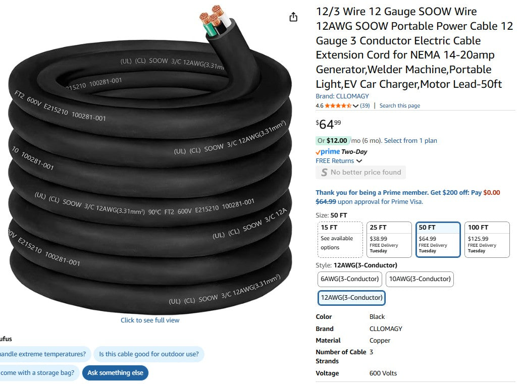 12/3 Wire 12 Gauge SOOW Wire 12AWG SOOW Portable Power Cable 12 Gauge 3 Conductor Electric Cable