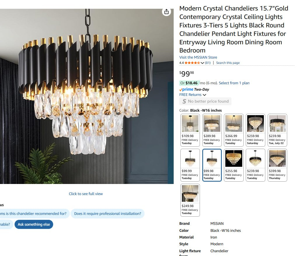 Modern Crystal Chandeliers 15.7”Gold Contemporary Crystal Ceiling Lights Fixtures 3-Tiers 5 Lights