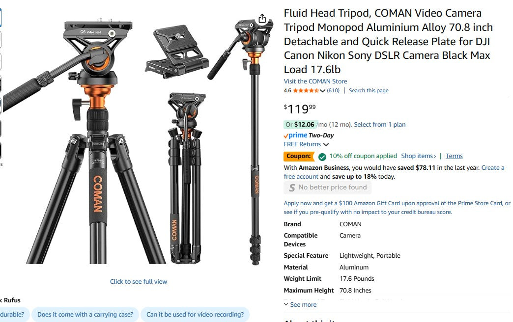 Fluid Head Tripod, COMAN Video Camera Tripod Monopod Aluminium Alloy 70.8 inch Detachable