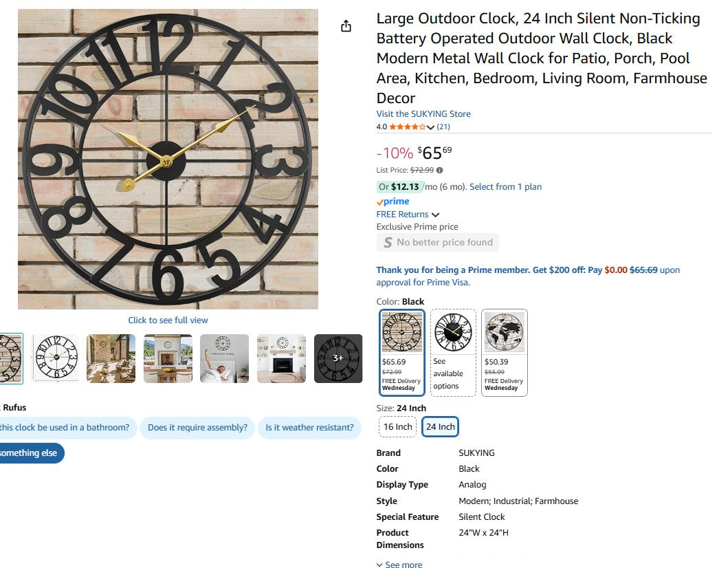 Large Outdoor Clock, 24 Inch Silent Non-Ticking Battery Operated Outdoor Wall Clock