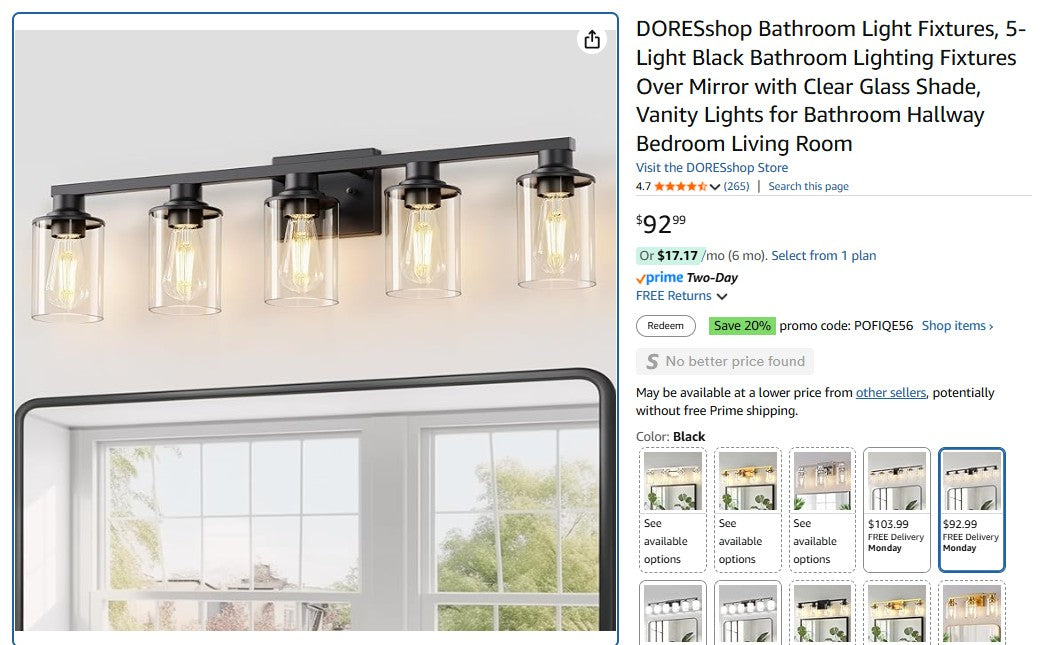 DORESshop Bathroom Light Fixtures, 5-Light Black Bathroom Lighting Fixtures Over Mirror