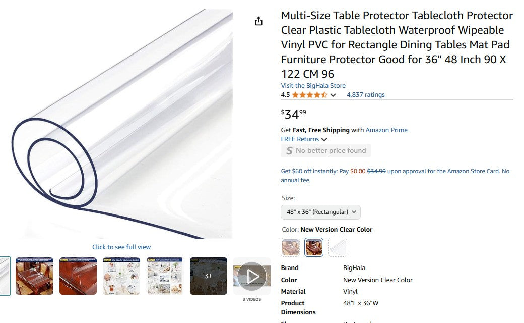36" X 48" Table Protector Tablecloth Protector Clear Plastic Tablecloth Waterproof Wipeable Vinyl
