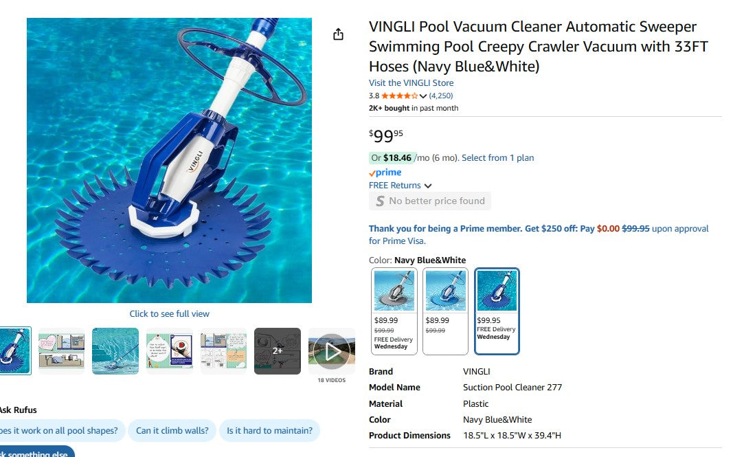 VINGLI Pool Vacuum Cleaner Automatic Sweeper Swimming Pool Creepy Crawler Vacuum with 33FT Hoses