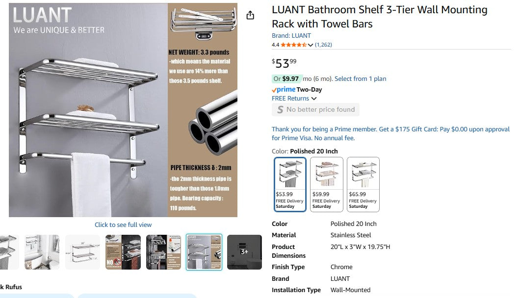 LUANT Bathroom Shelf 3-Tier Wall Mounting Rack with Towel Bars
