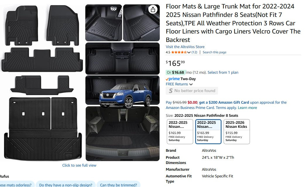 Floor Mats & Large Trunk Mat for 2022-2024 2025 Nissan Pathfinder 8 Seats