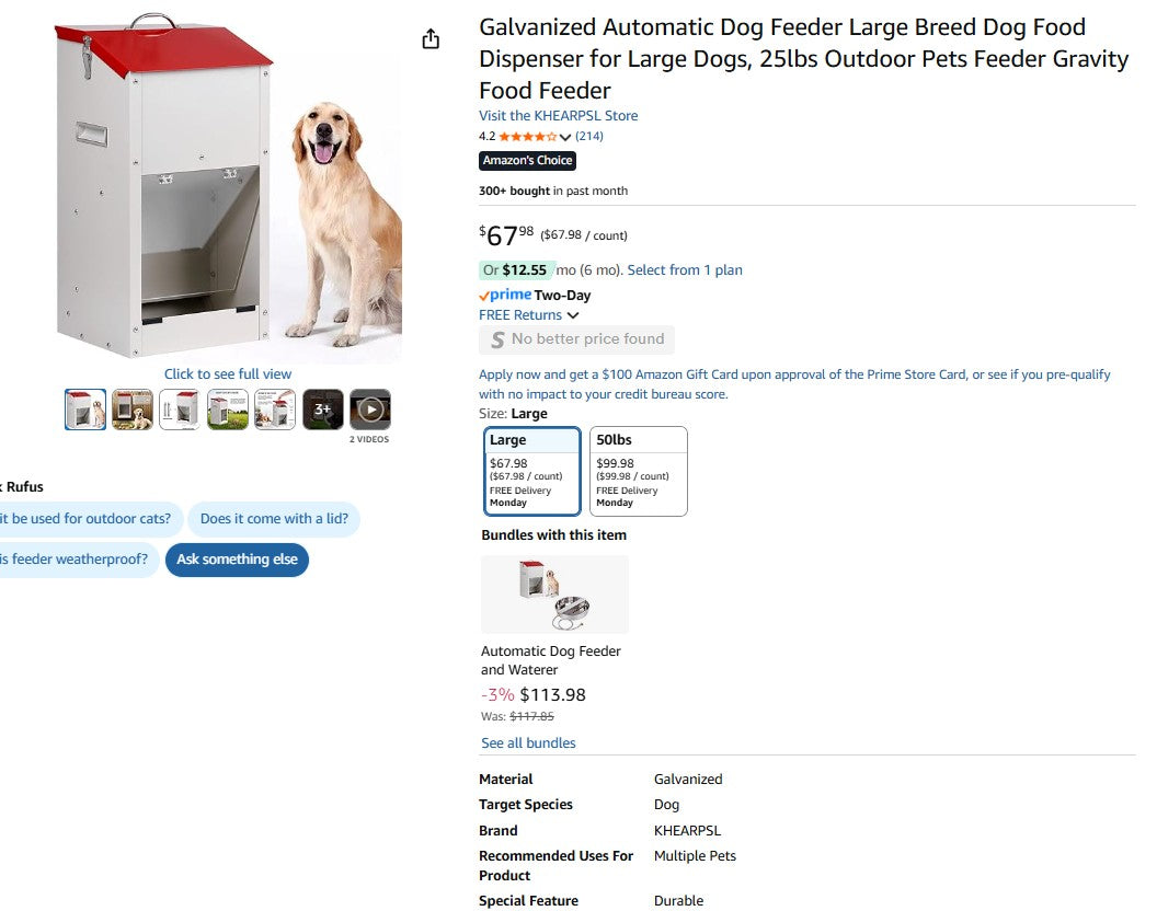Galvanized Automatic Dog Feeder Large Breed Dog Food Dispenser for Large Dogs