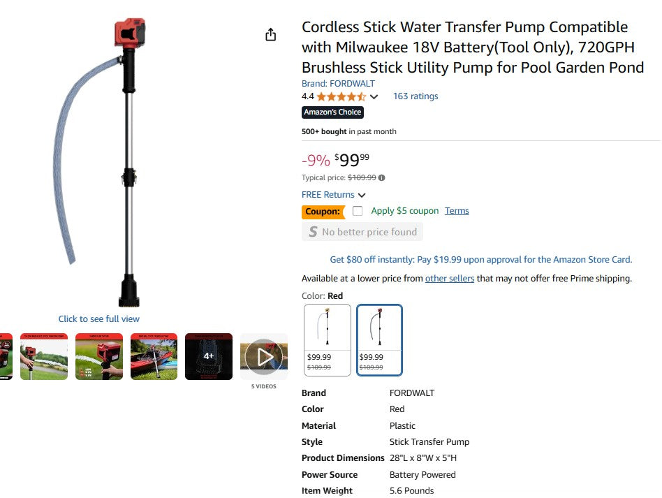 Cordless Stick Water Transfer Pump Compatible with Milwaukee 18V Battery(Tool Only)