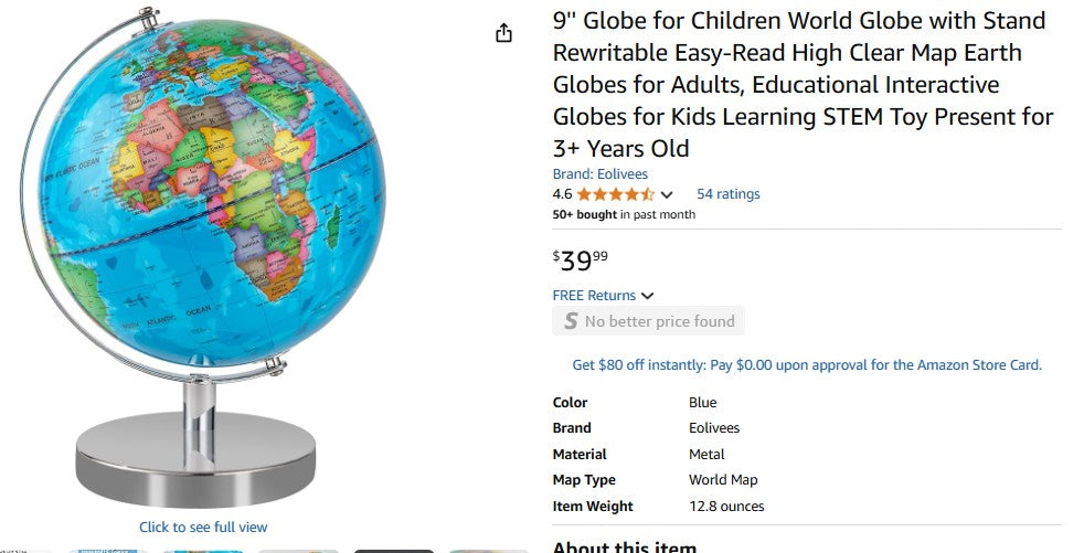 9'' Globe for Children World Globe with Stand Rewritable Easy-Read High Clear Map Earth