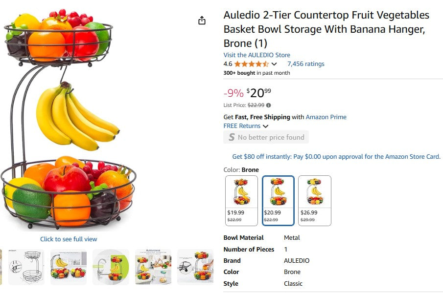 Auledio 2-Tier Countertop Fruit Vegetables Basket Bowl Storage With Banana Hanger