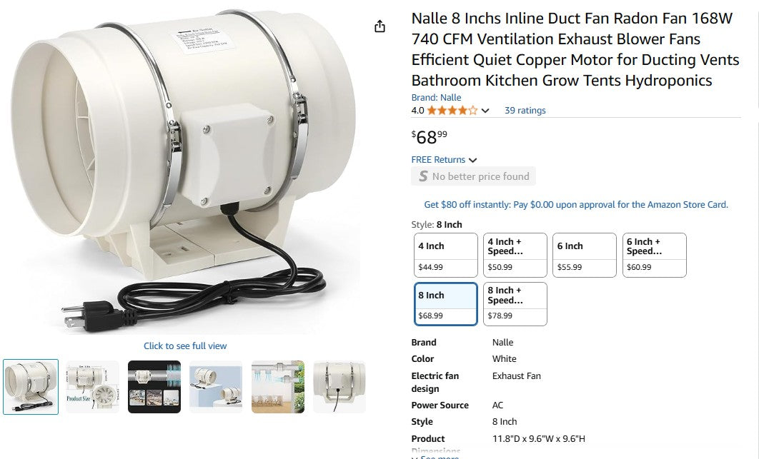 Nalle 8 Inchs Inline Duct Fan Radon Fan 168W 740 CFM Ventilation Exhaust Blower Fans