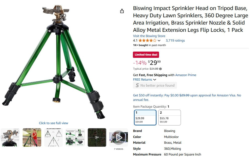 Biswing Impact Sprinkler Head on Tripod Base, Heavy Duty Lawn Sprinklers, 360 Degree