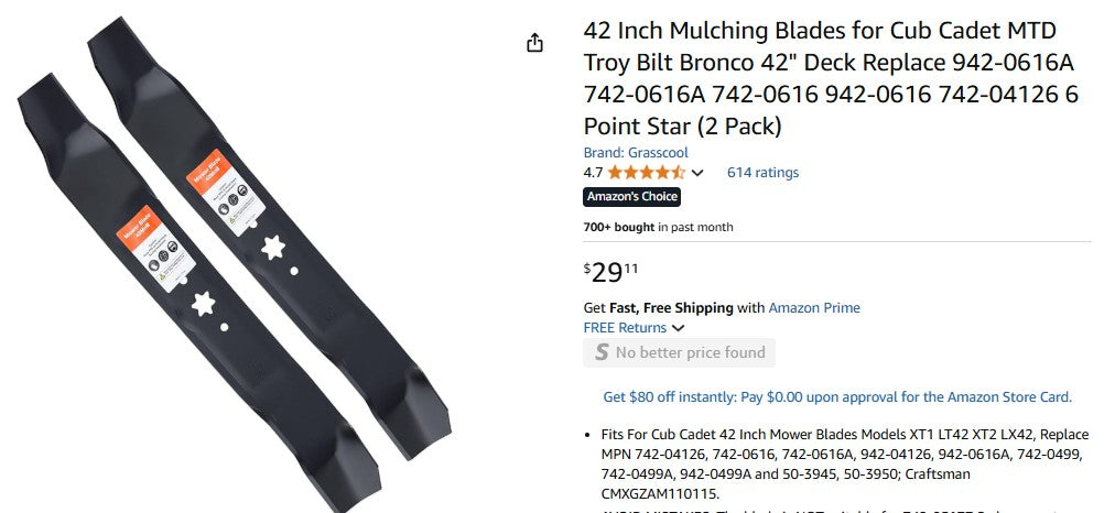 42 Inch Mulching Blades for Cub Cadet MTD Troy Bilt Bronco 42" Deck