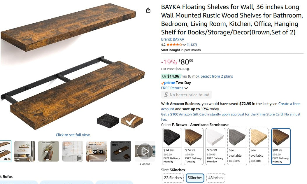 BAYKA Floating Shelves for Wall, 36 inches Long Wall Mounted Rustic Wood Shelves for Bathroom