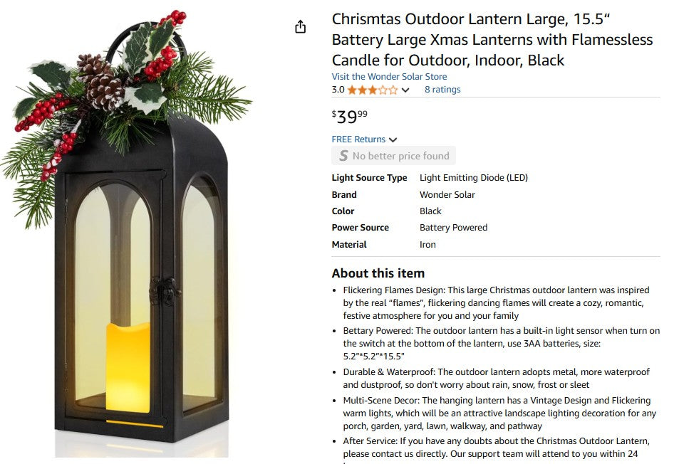Outdoor Lantern Large, 15.5“ Battery Large Lanterns with Flameless Candle