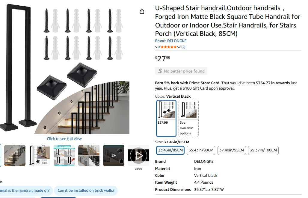 U-Shaped Stair handrail,Outdoor handrails ,Forged Iron Matte Black Square Tube Handrail