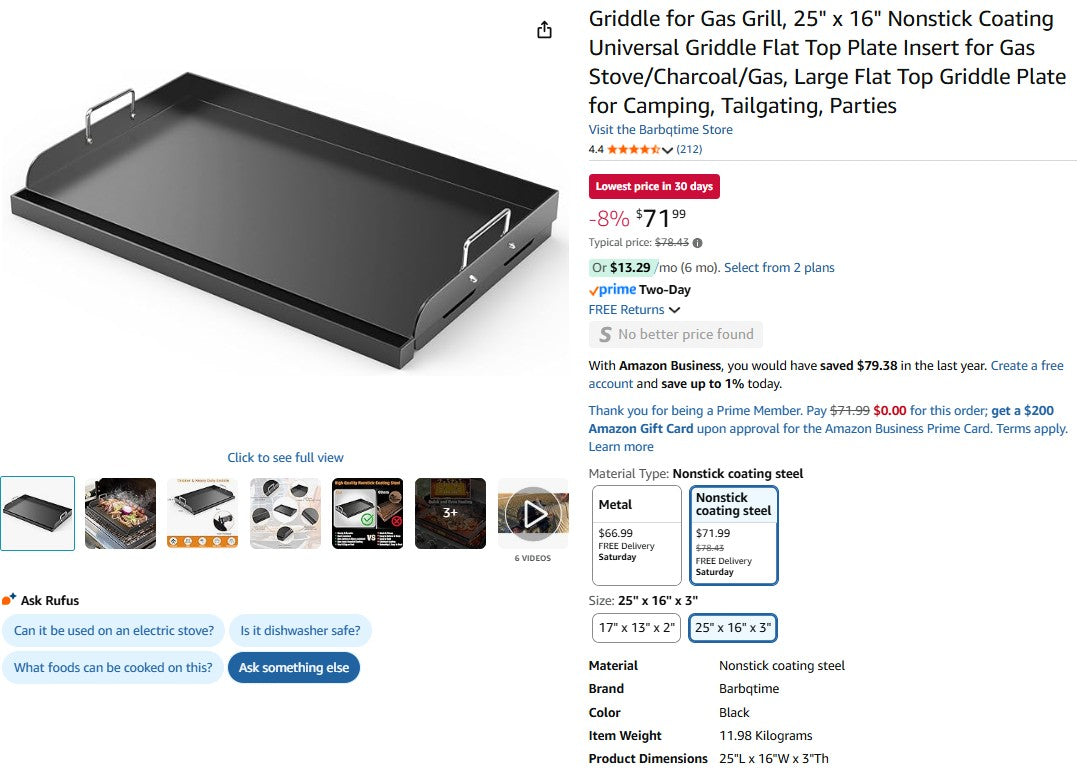 Griddle for Gas Grill, 25" x 16" Nonstick Coating Universal Griddle Flat Top Plate Insert for Gas Stove/Charcoal/Gas
