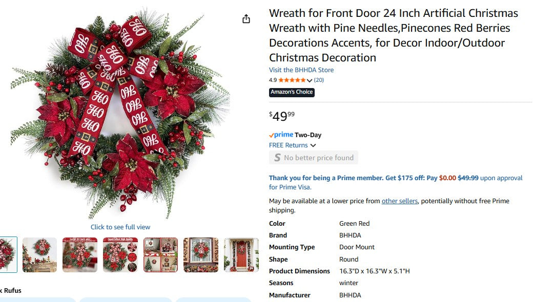 Wreath for Front Door 24 Inch Artificial Christmas Wreath with Pine Needles,Pinecones Red Berries