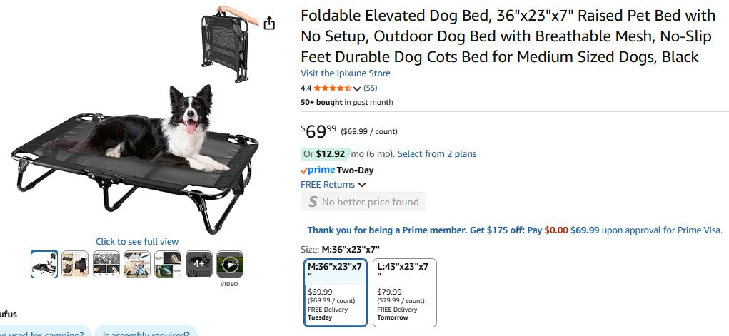 Foldable Elevated Dog Bed, 36"x23"x7" Raised Pet Bed with No Setup, Outdoor Dog Bed