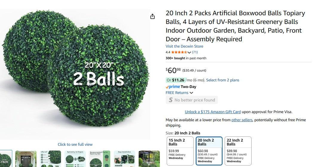 20 Inch 2 Packs Artificial Boxwood Balls Topiary Balls, 4 Layers of UV-Resistant Greenery Balls