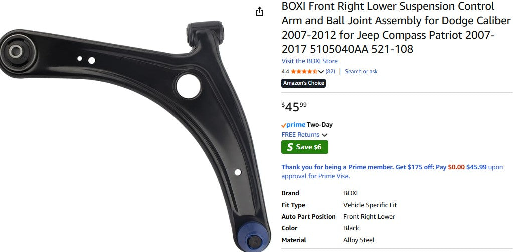 BOXI Front Right Lower Suspension Control Arm and Ball Joint Assembly for Dodge Caliber 2007-2012