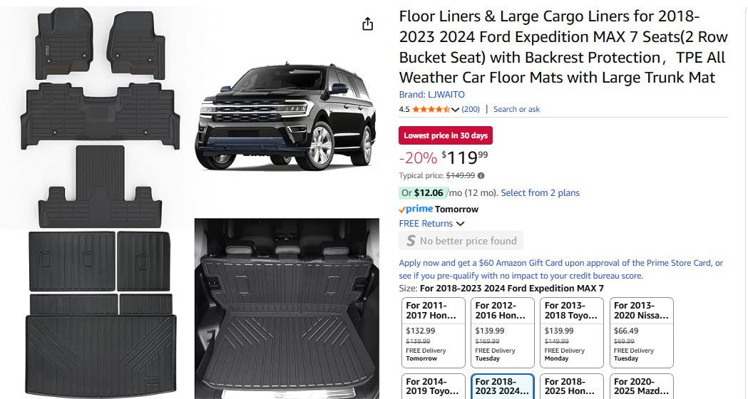 Floor Liners & Large Cargo Liners for 2018-2023 2024 Ford Expedition MAX 7 Seats
