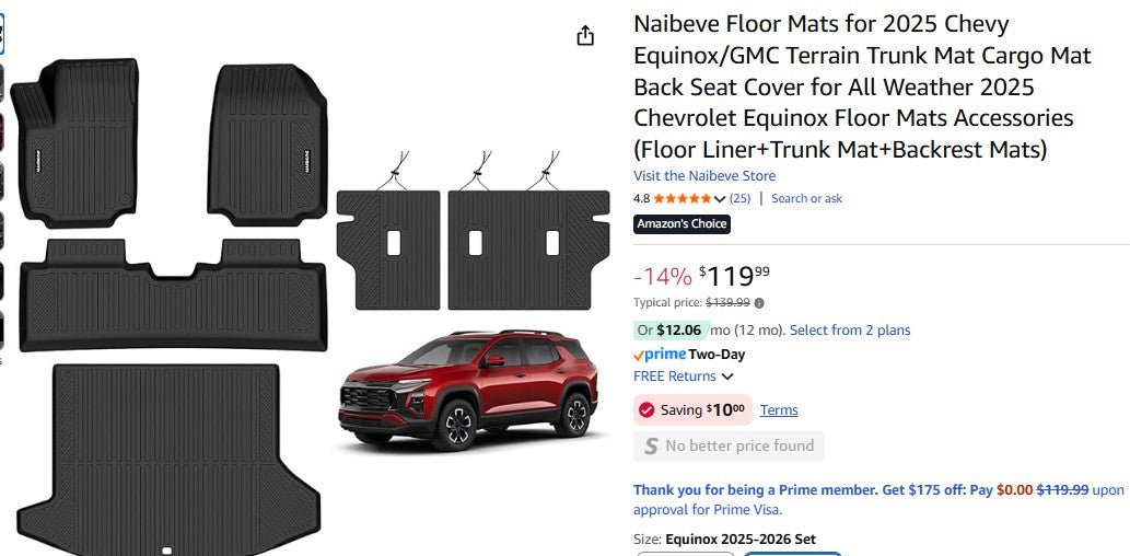 Naibeve Floor Mats for 2025 Chevy Equinox/GMC Terrain Trunk Mat Cargo Mat