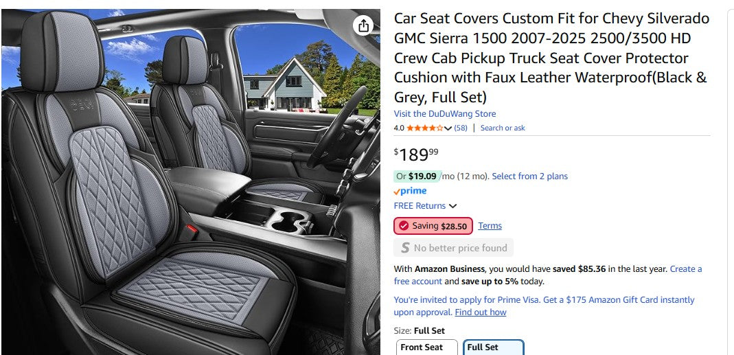 Car Seat Covers Custom Fit for Chevy Silverado GMC Sierra 1500 2007-2025 2500/3500