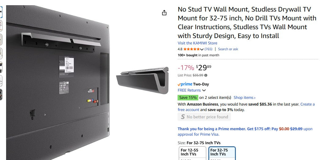 No Stud TV Wall Mount, Studless Drywall TV Mount for 32-75 inch