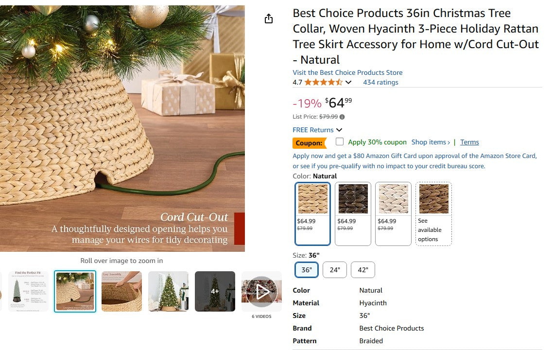 Best Choice Products 36in Christmas Tree Collar, Woven Hyacinth 3-Piece Holiday Rattan Tree Skirt