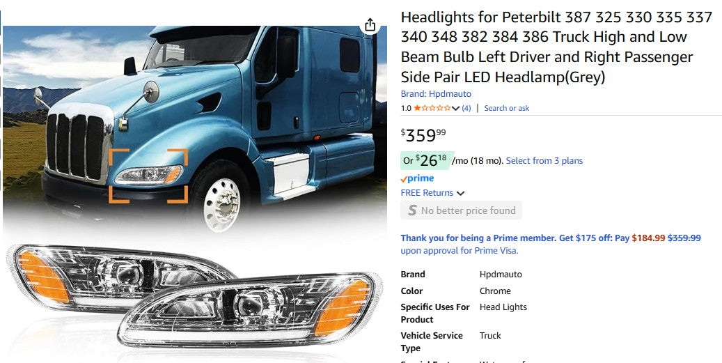 Headlights for Peterbilt 387 325 330 335 337 340 348 382 384 386 Truck High and Low