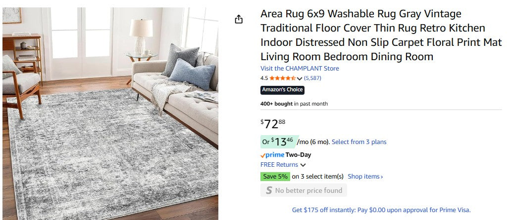 Area Rug 6x9 Washable Rug Gray Vintage Traditional Floor Cover Thin Rug