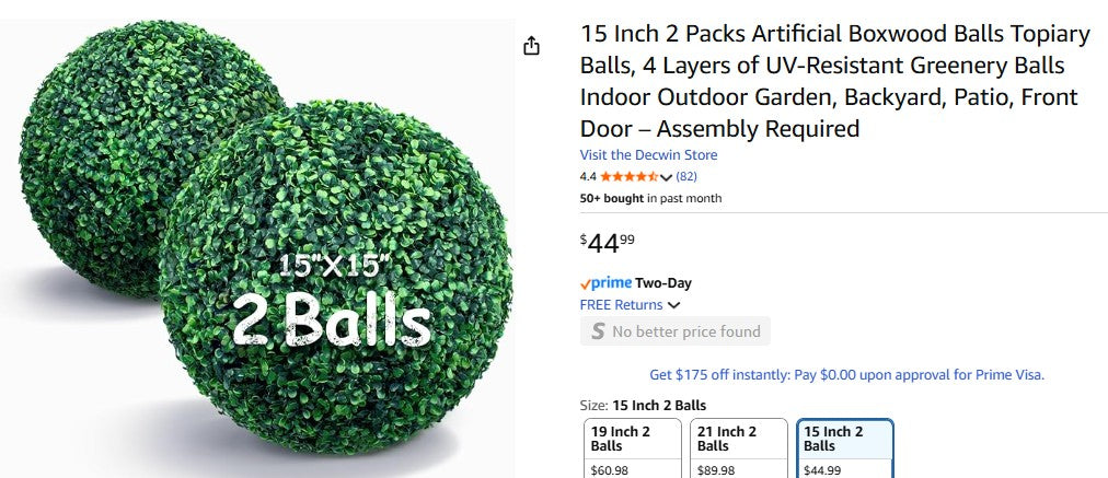 15 Inch 2 Packs Artificial Boxwood Balls Topiary Balls, 4 Layers of UV-Resistant Greenery Balls