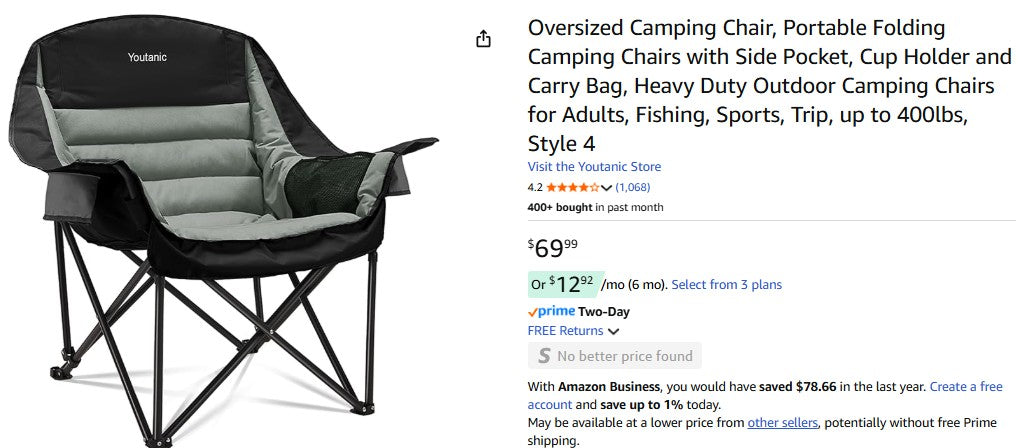 Oversized Camping Chair, Portable Folding Camping Chairs with Side Pocket, Cup Holder and Carry Bag