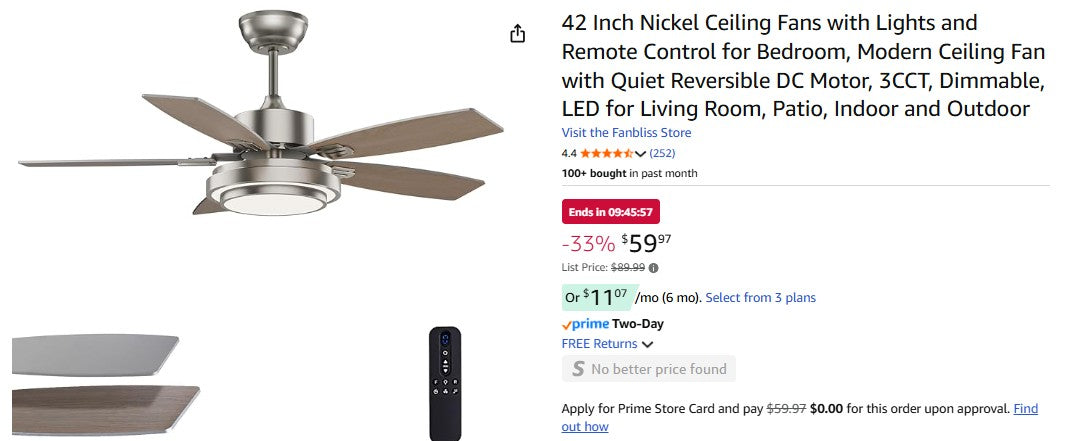 42 Inch Nickel Ceiling Fans with Lights and Remote Control for Bedroom