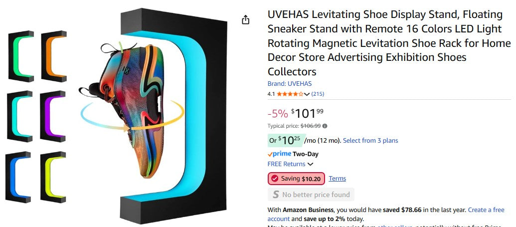 UVEHAS Levitating Shoe Display Stand, Floating Sneaker Stand with Remote 16 Colors LED Light Rotate